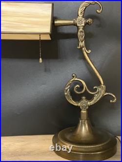 Antique Slag Glass Swivel Cased Stained Glass Shade Banker's Desk Lamp Brass