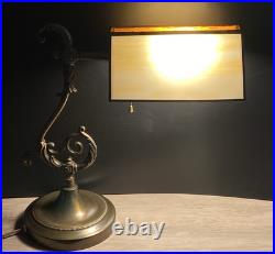 Antique Slag Glass Swivel Cased Stained Glass Shade Banker's Desk Lamp Brass