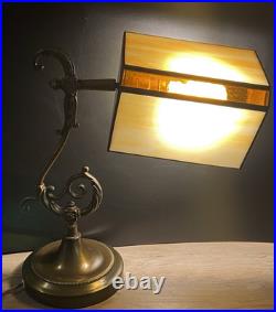 Antique Slag Glass Swivel Cased Stained Glass Shade Banker's Desk Lamp Brass