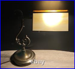 Antique Slag Glass Swivel Cased Stained Glass Shade Banker's Desk Lamp Brass