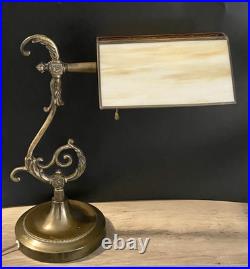 Antique Slag Glass Swivel Cased Stained Glass Shade Banker's Desk Lamp Brass
