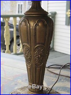 Antique Slag Glass Table Lamp, 6 Bent Panel, Floral Design On Base