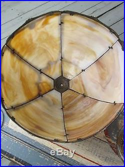 Antique Slag Glass Table Lamp, 6 Bent Panel, Floral Design On Base