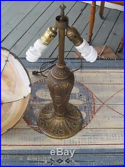 Antique Slag Glass Table Lamp, 6 Bent Panel, Floral Design On Base