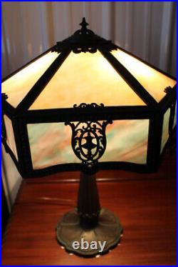 Antique Slag Glass Table Lamp 6 Sides Shade 2 Glass Colors Miller Bradley Hubba