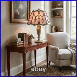 Antique Slag Glass Table Lamp Art Nouveau Pink Curved Panel Boudoir Light