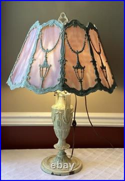 Antique Slag Glass Table Lamp Art Nouveau Pink Curved Panel Boudoir Light Antique Slag Glass Table Lamp Art Nouveau Pink Curved Panel Boudoir Light
