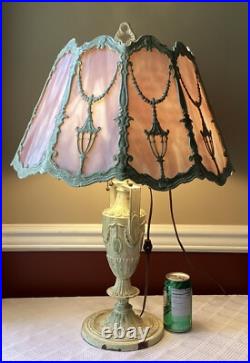 Antique Slag Glass Table Lamp Art Nouveau Pink Curved Panel Boudoir Light