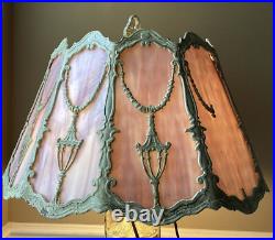 Antique Slag Glass Table Lamp Art Nouveau Pink Curved Panel Boudoir Light
