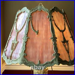 Antique Slag Glass Table Lamp Art Nouveau Pink Curved Panel Boudoir Light