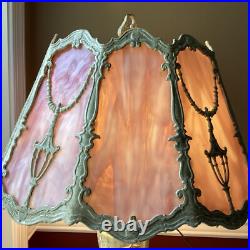 Antique Slag Glass Table Lamp Art Nouveau Pink Curved Panel Boudoir Light