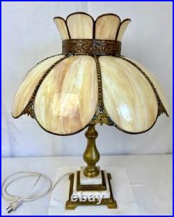 Antique Slag Glass Table Lamp Caramel Marble 2-Light Tulip Shade Art Nouveau Antique Slag Glass Table Lamp Caramel Marble 2-Light Tulip Shade Art Nouveau