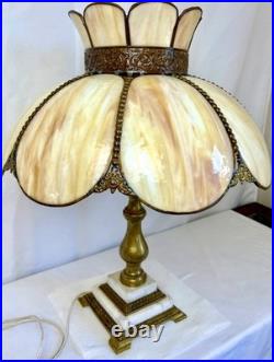 Antique Slag Glass Table Lamp Caramel Marble 2-Light Tulip Shade Art Nouveau