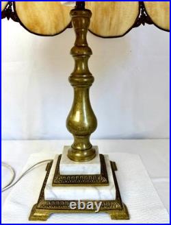 Antique Slag Glass Table Lamp Caramel Marble 2-Light Tulip Shade Art Nouveau