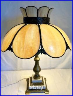 Antique Slag Glass Table Lamp Caramel Marble 2-Light Tulip Shade Art Nouveau