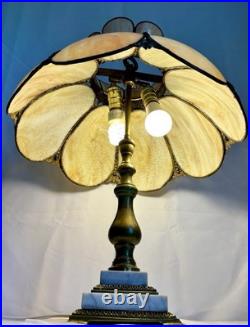 Antique Slag Glass Table Lamp Caramel Marble 2-Light Tulip Shade Art Nouveau