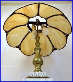 Antique Slag Glass Table Lamp Caramel Marble 2-Light Tulip Shade Art Nouveau