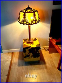 Antique Slag Glass Table Lamp, Exceptional, 6-Sided, 30 Tall, No Cracked Panels