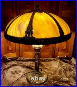 Antique Slag Glass Table Lamp Heavy Cast Shade Frame