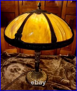 Antique Slag Glass Table Lamp Heavy Cast Shade Frame