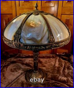 Antique Slag Glass Table Lamp Heavy Cast Shade Frame