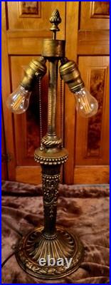 Antique Slag Glass Table Lamp Heavy Cast Shade Frame