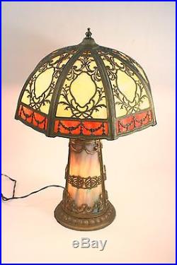 Antique Slag Glass Table Lamp Lit Base Overlay Blue Red White Gold