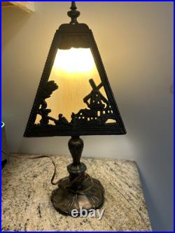 Antique Slag Glass Table Lamp Miller Dutch Windmill Shade Art Nouveau Style