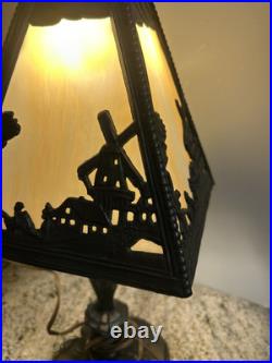 Antique Slag Glass Table Lamp Miller Dutch Windmill Shade Art Nouveau Style