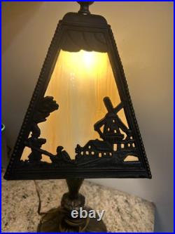 Antique Slag Glass Table Lamp Miller Dutch Windmill Shade Art Nouveau Style