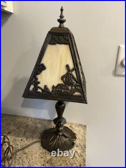 Antique Slag Glass Table Lamp Miller Dutch Windmill Shade Art Nouveau Style