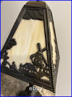 Antique Slag Glass Table Lamp Miller Dutch Windmill Shade Art Nouveau Style