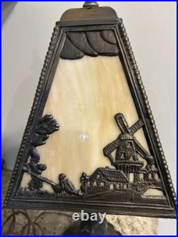 Antique Slag Glass Table Lamp Miller Dutch Windmill Shade Art Nouveau Style