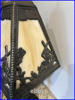 Antique Slag Glass Table Lamp Miller Dutch Windmill Shade Art Nouveau Style