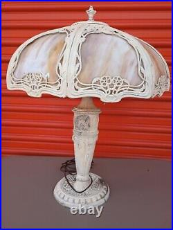 Antique Slag Glass Table Light Cast Metal