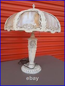 Antique Slag Glass Table Light Cast Metal