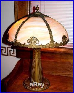 Antique Slag Glass Tiffany Type Panel Lamp with Fish Design Original Glass