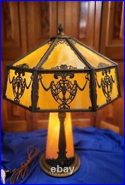 Antique Slag Glass Tower Panel Lamp with Lighted Base