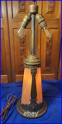 Antique Slag Glass Tower Panel Lamp with Lighted Base