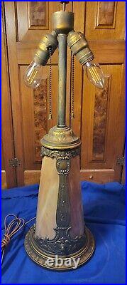 Antique Slag Glass Tower Panel Lamp with Lighted Base