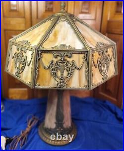 Antique Slag Glass Tower Panel Lamp with Lighted Base