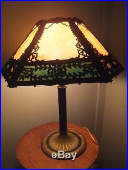 Antique Slag Glass Two-Color 12 Panel Table Lamp 16 Diameter 20 Tall