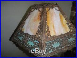 Antique Slag Glass Two-Color 12 Panel Table Lamp 16 Diameter 20 Tall