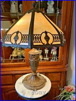 Antique Slag Glass and Bronze Table Lamp