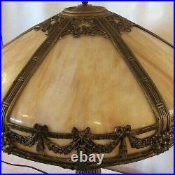 Antique Slag Lamp 8 Panel Large 23 Shade Marble Malachite Amber Shade Glass