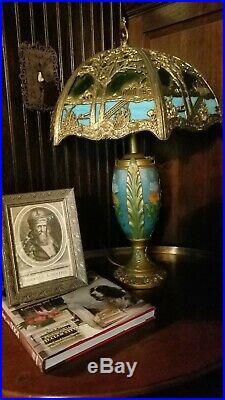 Antique Slag Lamp Double Light Stained Glass Metal Victorian Nouveau Heavy