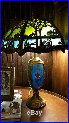 Antique Slag Lamp Double Light Stained Glass Metal Victorian Nouveau Heavy