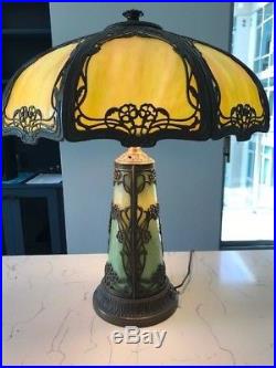 Antique Slag Lamp Green Glass with Seven Panels and Lighted Base