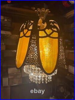 Antique Slag Stained Glass Hanging Lamp Light Crystals Chandelier 2802