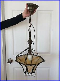 Antique Slag Stained Glass Inverted Hanging Hall Lamp Light Shade Chandelier